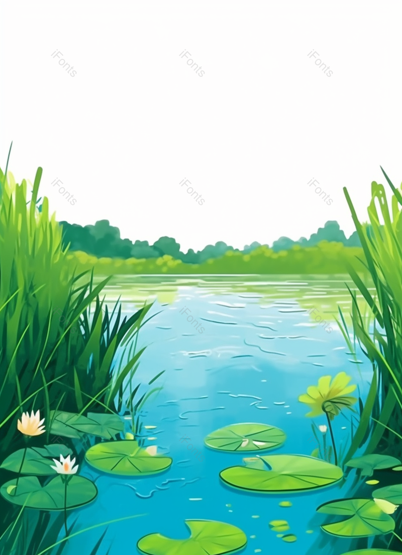 夏天夏季唯美背景池塘里绿色的芦苇荷叶荷花绽放自然风光清新屏幕壁纸插画,插画/手绘图,插画/手绘图库,插画/手绘图下载,插画/手绘